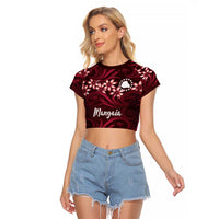 Personalised Cook Islands Mangaia Raglan Cropped T Shirt Tiare Maori Polynesian Waves Tattoo LT14 Female Burgundy - Polynesian Pride