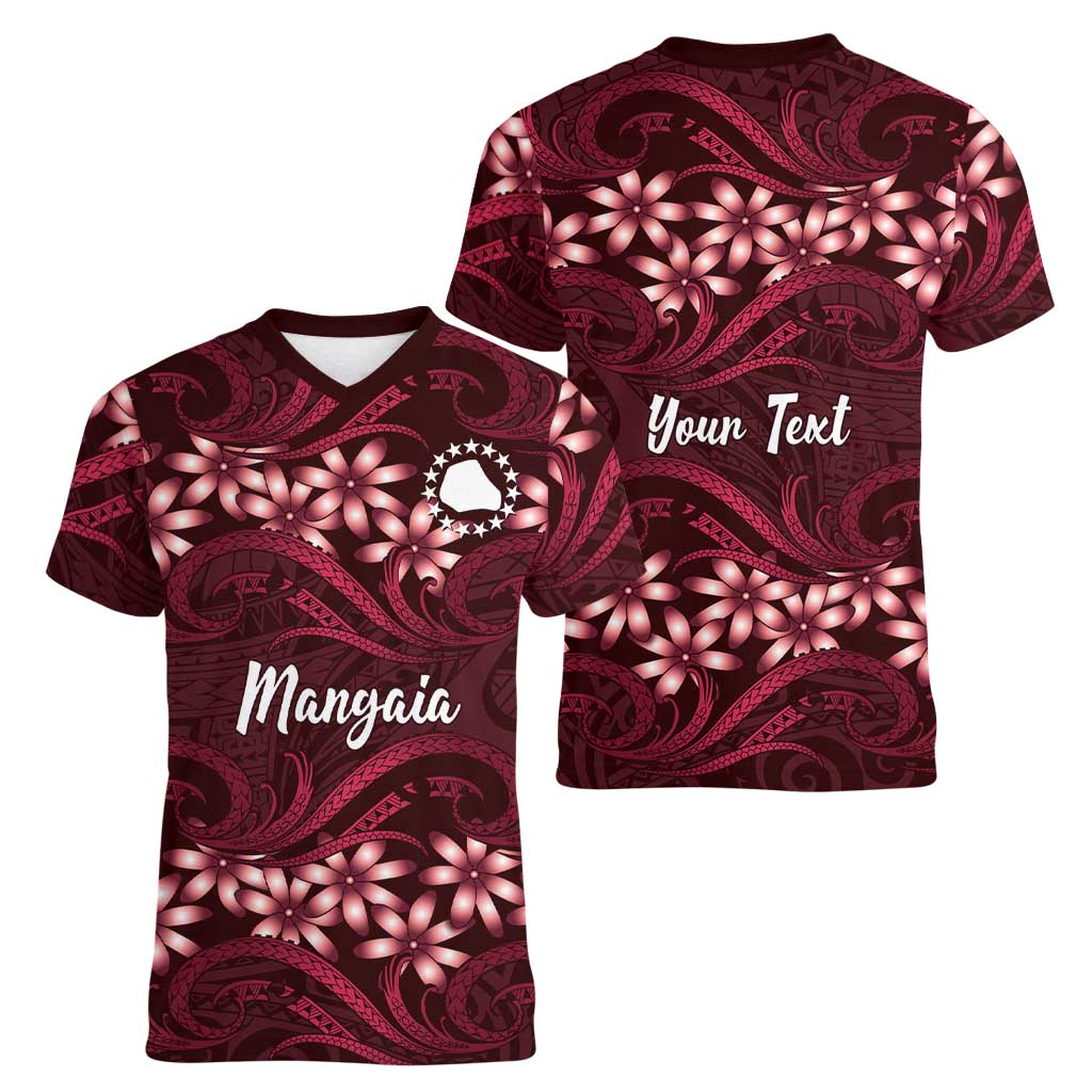Personalised Cook Islands Mangaia Women V-Neck T-Shirt Tiare Maori Polynesian Waves Tattoo