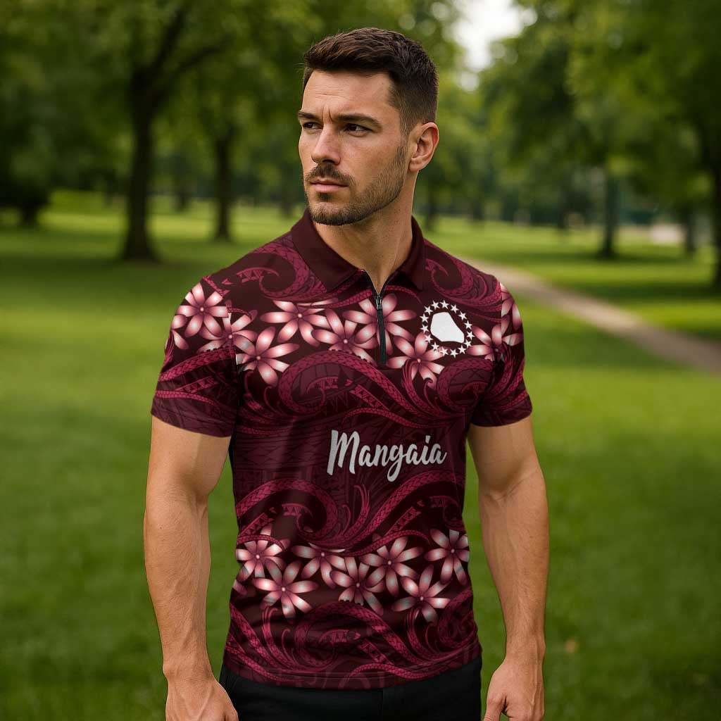 Personalised Cook Islands Mangaia Zipper Polo Shirt Tiare Maori Polynesian Waves Tattoo