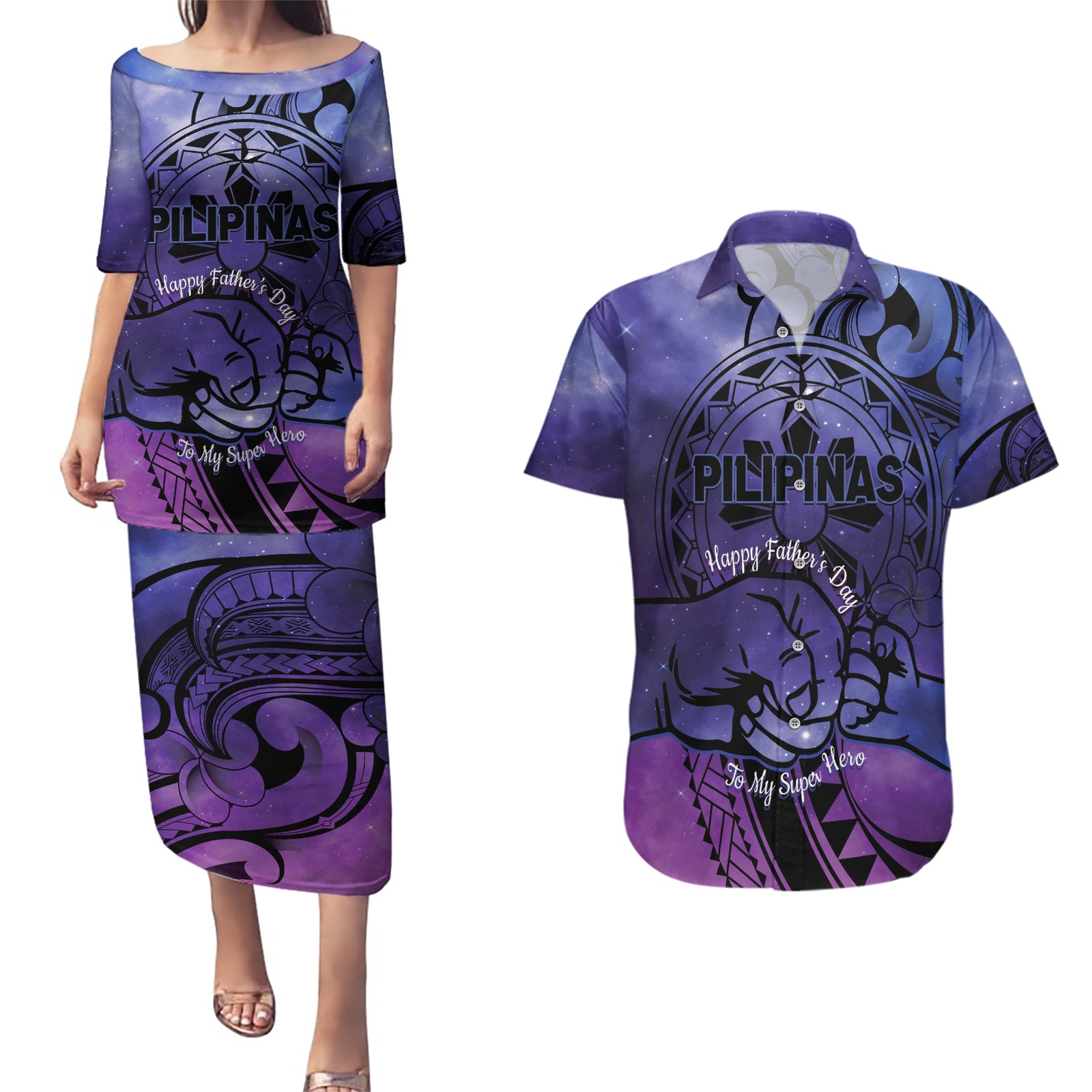 Philippines Father's Day Couples Matching Puletasi and Hawaiian Shirt Polynesian Tattoo Galaxy Vibes