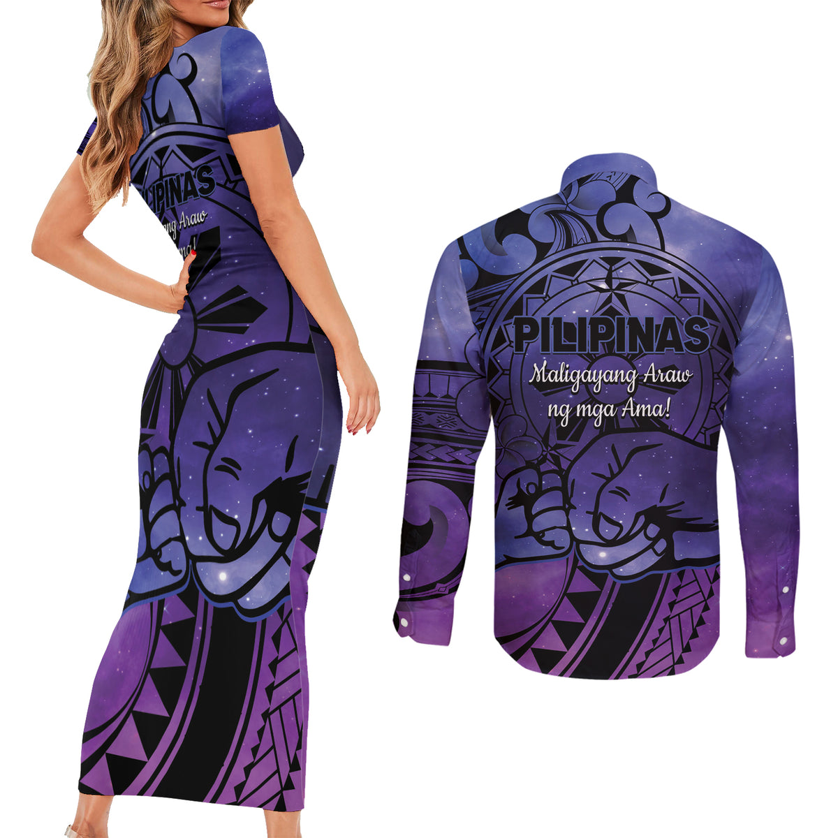 Philippines Father's Day Couples Matching Short Sleeve Bodycon Dress and Long Sleeve Button Shirt Polynesian Tattoo Galaxy Vibes