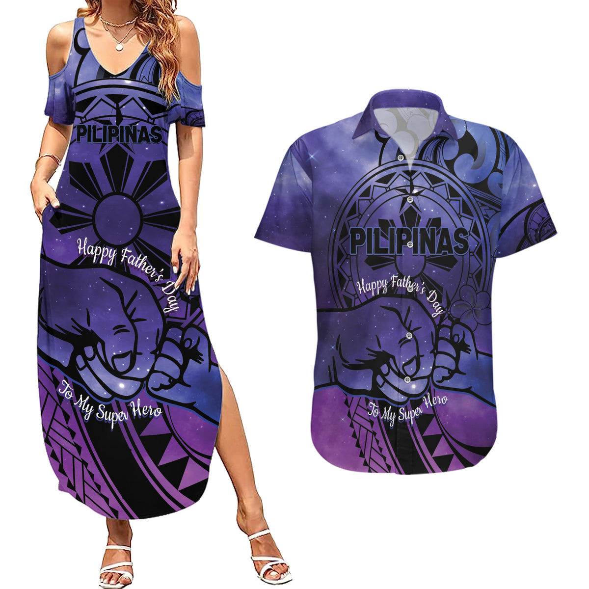 Philippines Father's Day Couples Matching Summer Maxi Dress and Hawaiian Shirt Polynesian Tattoo Galaxy Vibes