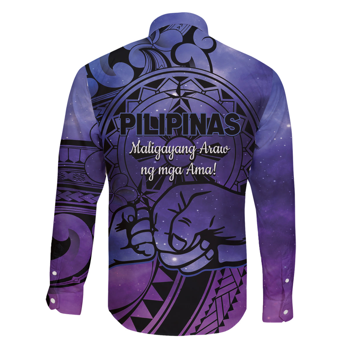 Philippines Father's Day Family Matching Off The Shoulder Long Sleeve Dress and Hawaiian Shirt Polynesian Tattoo Galaxy Vibes