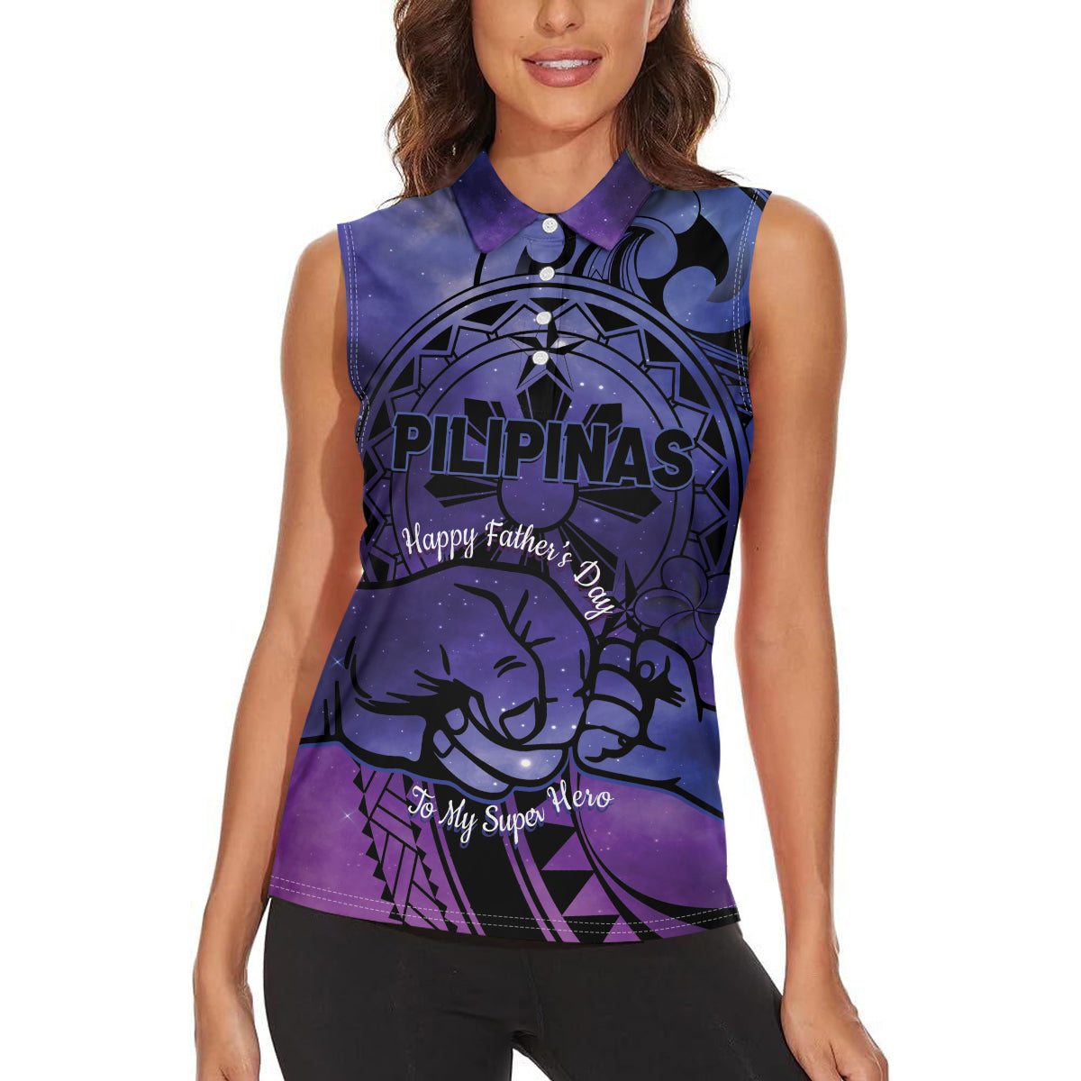 Philippines Father's Day Women Sleeveless Polo Shirt Polynesian Tattoo Galaxy Vibes