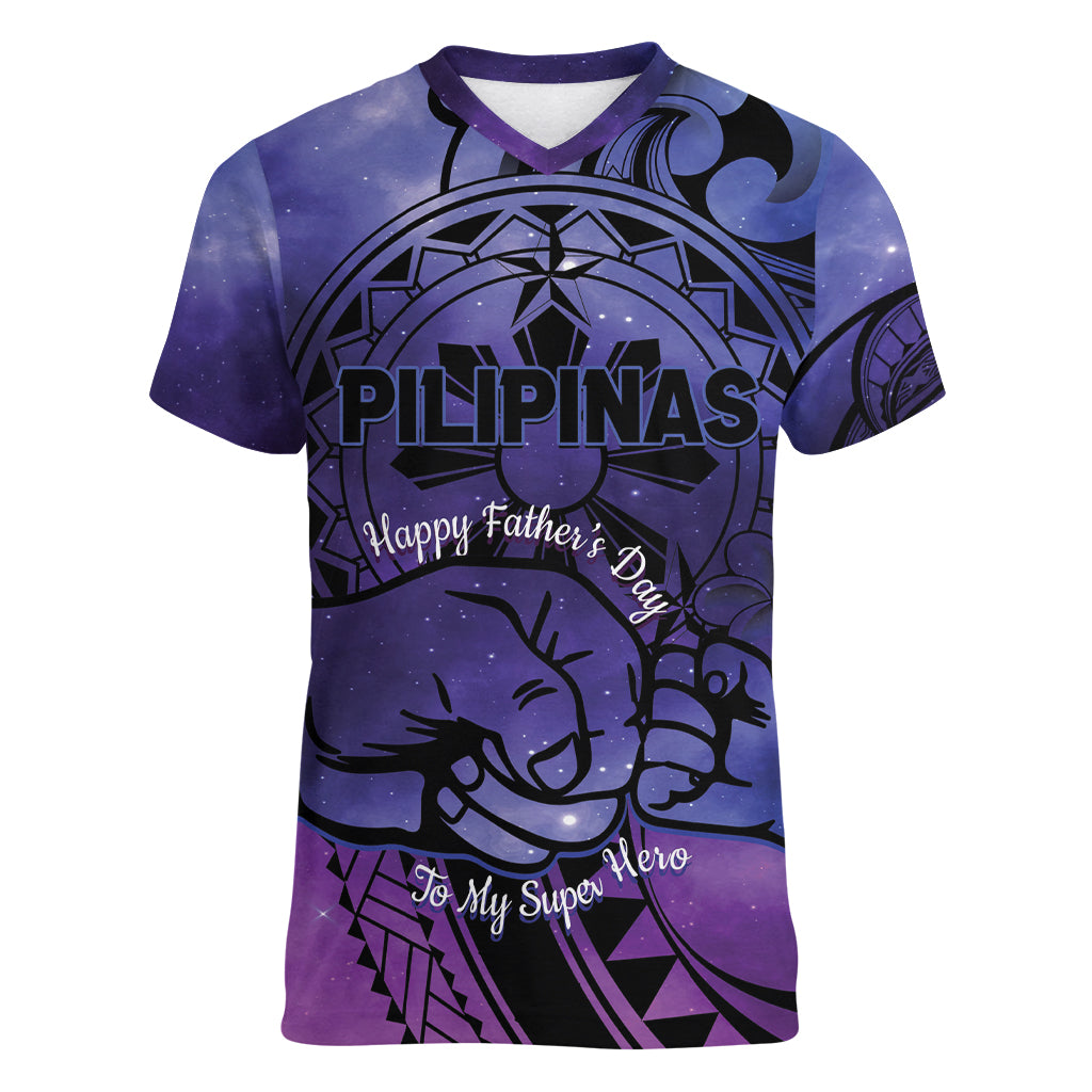 Philippines Father's Day Women V-Neck T-Shirt Polynesian Tattoo Galaxy Vibes