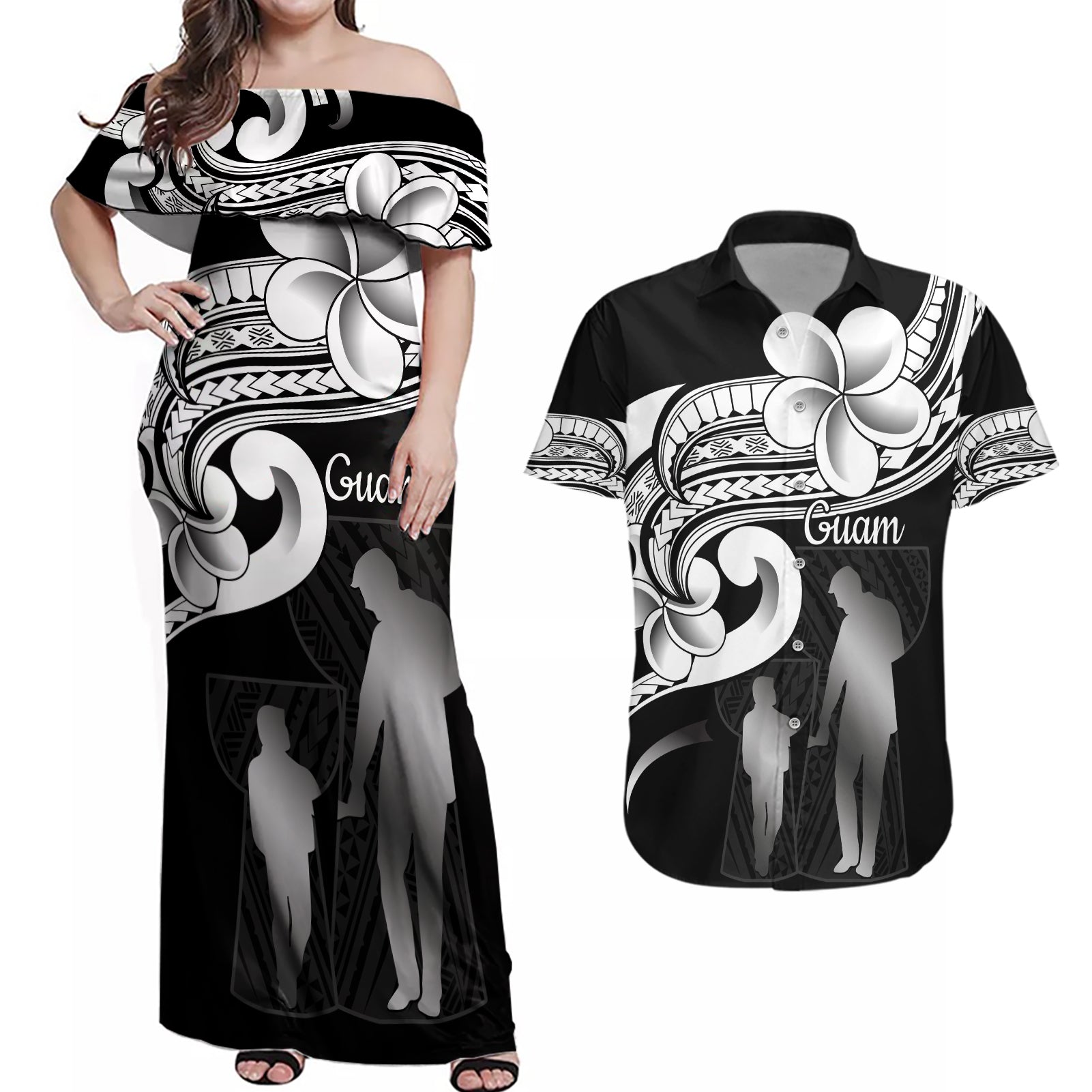 Guam Father's Day Couples Matching Off Shoulder Maxi Dress and Hawaiian Shirt Chamorro Latte Stone Polynesian Pattern