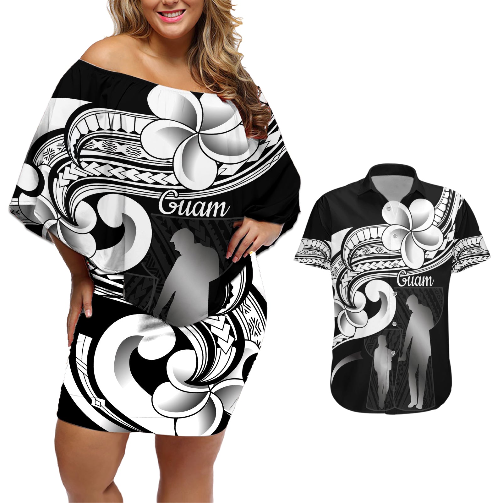 Guam Father's Day Couples Matching Off Shoulder Short Dress and Hawaiian Shirt Chamorro Latte Stone Polynesian Pattern