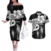 Guam Father's Day Couples Matching Off The Shoulder Long Sleeve Dress and Hawaiian Shirt Chamorro Latte Stone Polynesian Pattern