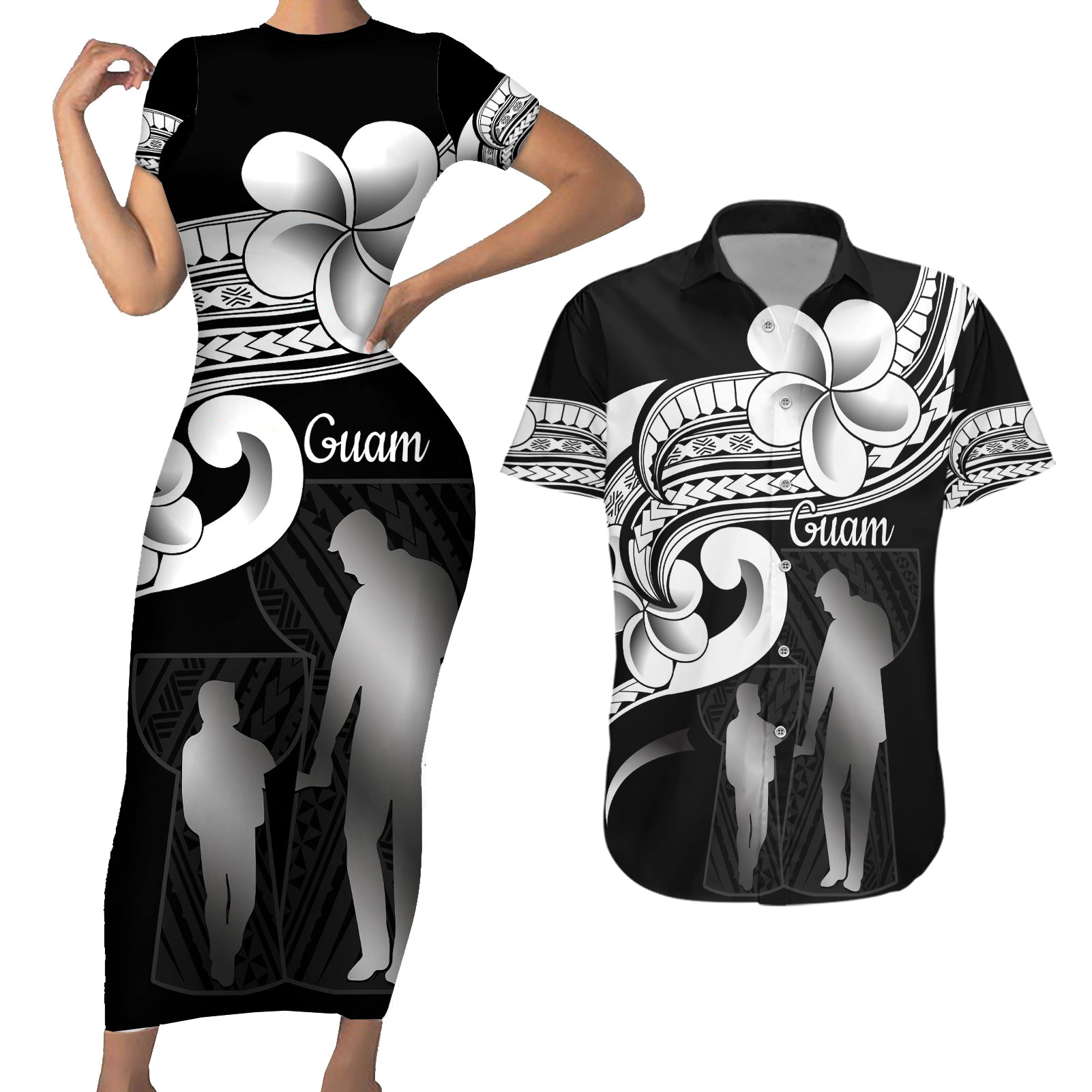 Guam Father's Day Couples Matching Short Sleeve Bodycon Dress and Hawaiian Shirt Chamorro Latte Stone Polynesian Pattern