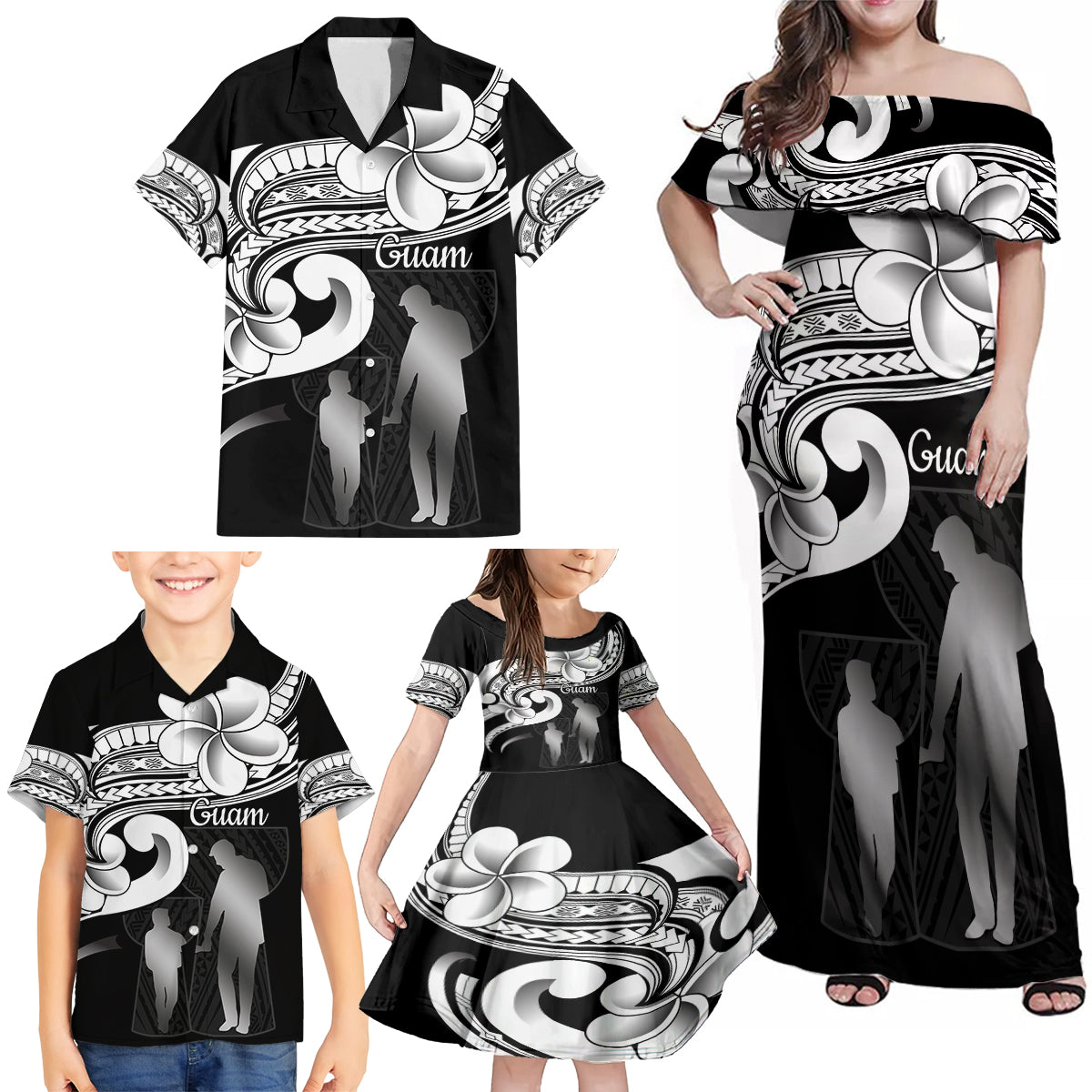 Guam Father's Day Family Matching Off Shoulder Maxi Dress and Hawaiian Shirt Chamorro Latte Stone Polynesian Pattern