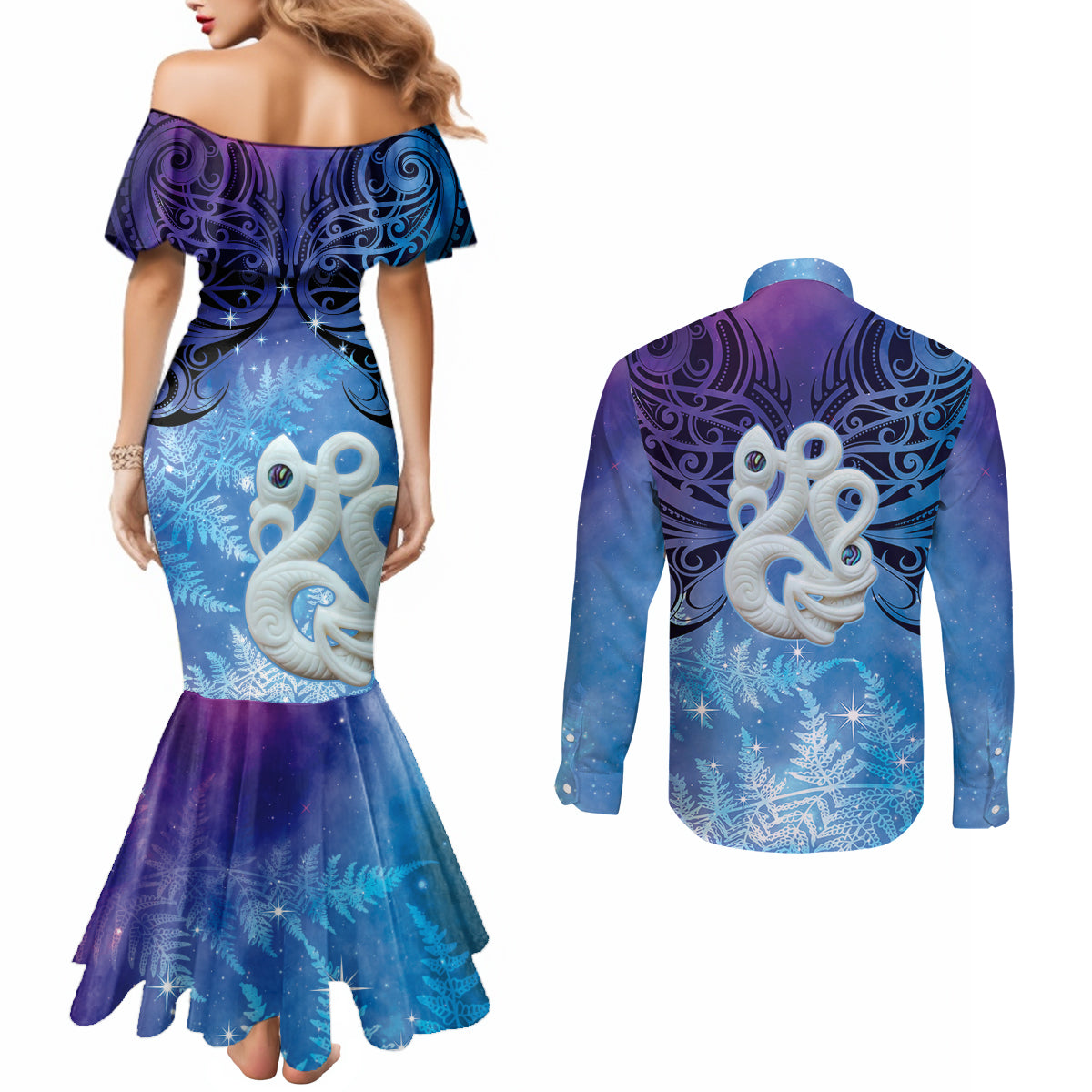 New Zealand Matariki Couples Matching Mermaid Dress and Long Sleeve Button Shirt Aotearoa Maori New Year Manaia Galaxy Vibes