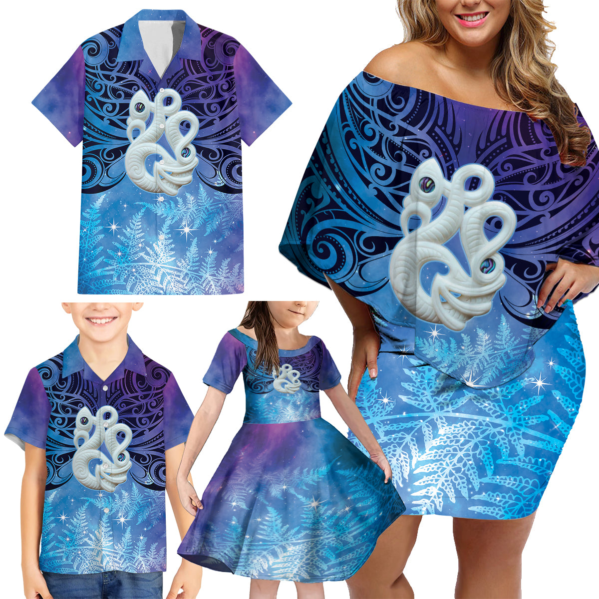 New Zealand Matariki Family Matching Off Shoulder Short Dress and Hawaiian Shirt Aotearoa Maori New Year Manaia Galaxy Vibes