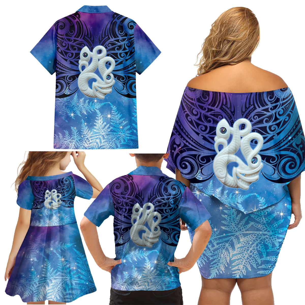New Zealand Matariki Family Matching Off Shoulder Short Dress and Hawaiian Shirt Aotearoa Maori New Year Manaia Galaxy Vibes