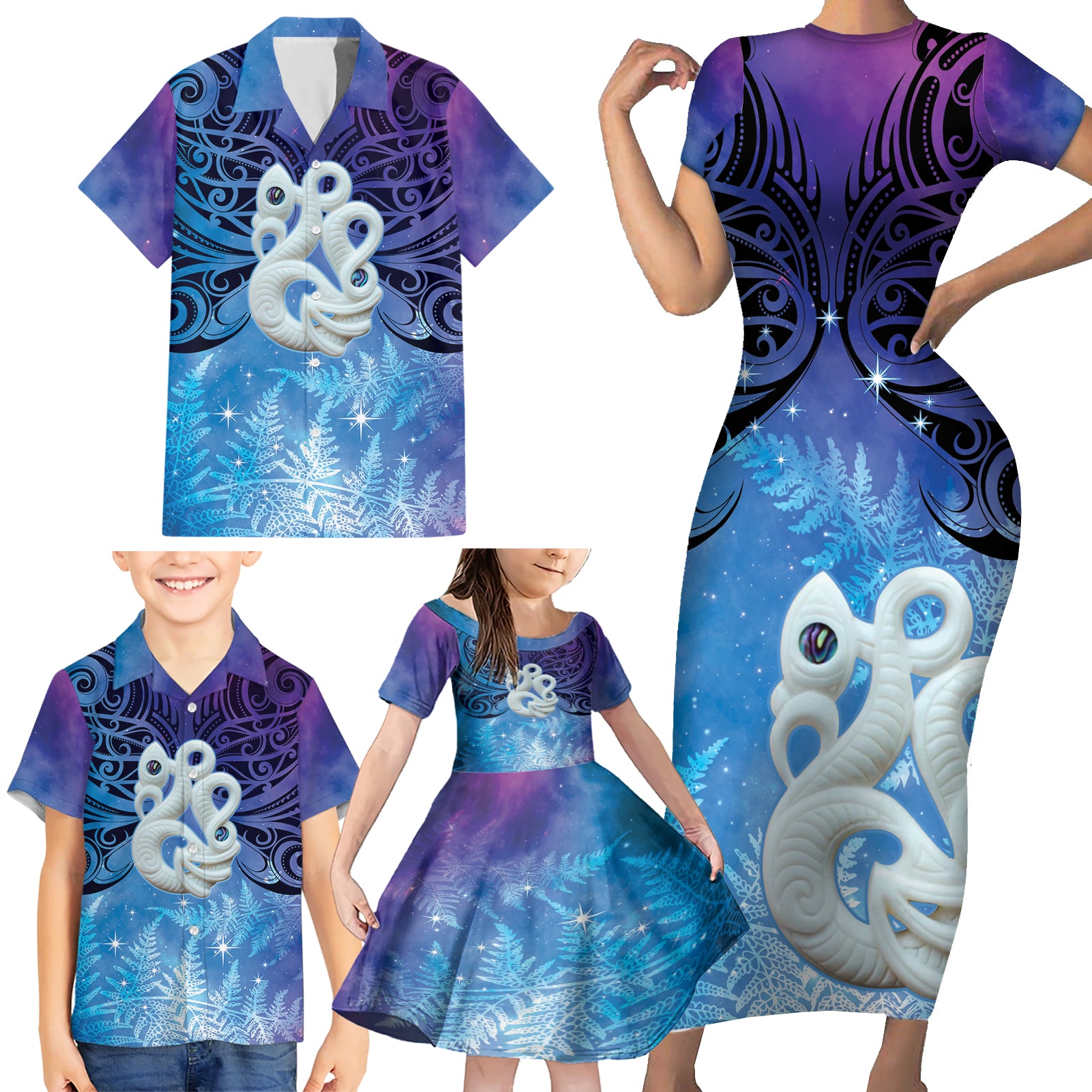 New Zealand Matariki Family Matching Short Sleeve Bodycon Dress and Hawaiian Shirt Aotearoa Maori New Year Manaia Galaxy Vibes