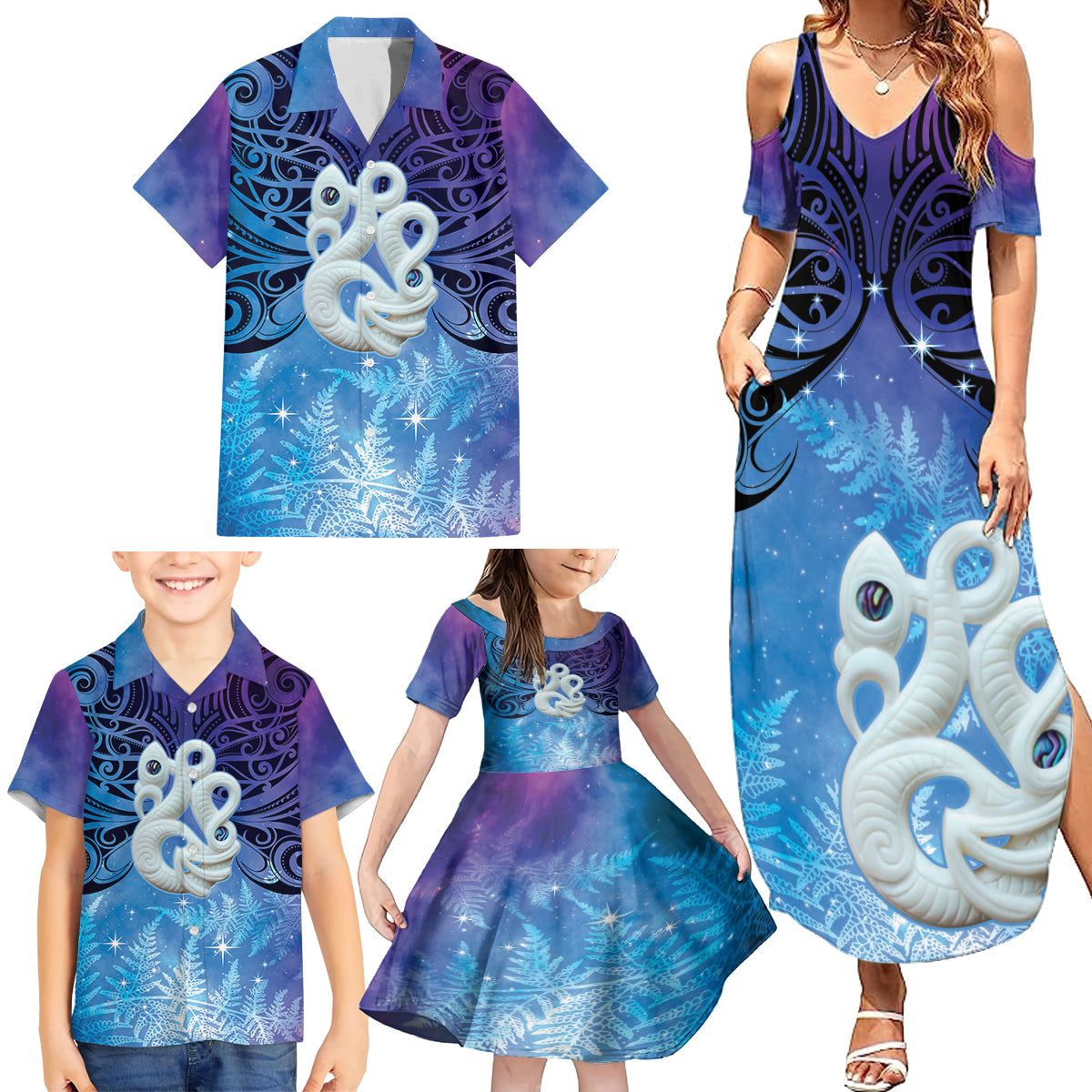 New Zealand Matariki Family Matching Summer Maxi Dress and Hawaiian Shirt Aotearoa Maori New Year Manaia Galaxy Vibes