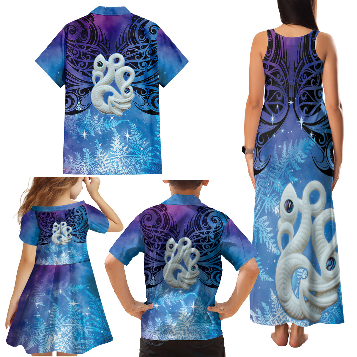 New Zealand Matariki Family Matching Tank Maxi Dress and Hawaiian Shirt Aotearoa Maori New Year Manaia Galaxy Vibes