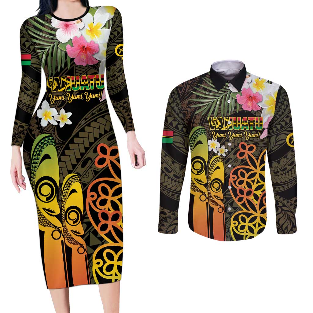 Personalised Vanuatu Independence Day Couples Matching Long Sleeve Bodycon Dress and Long Sleeve Button Shirt Carving Drum Sand Drawing Turtle LT14 Black - Polynesian Pride
