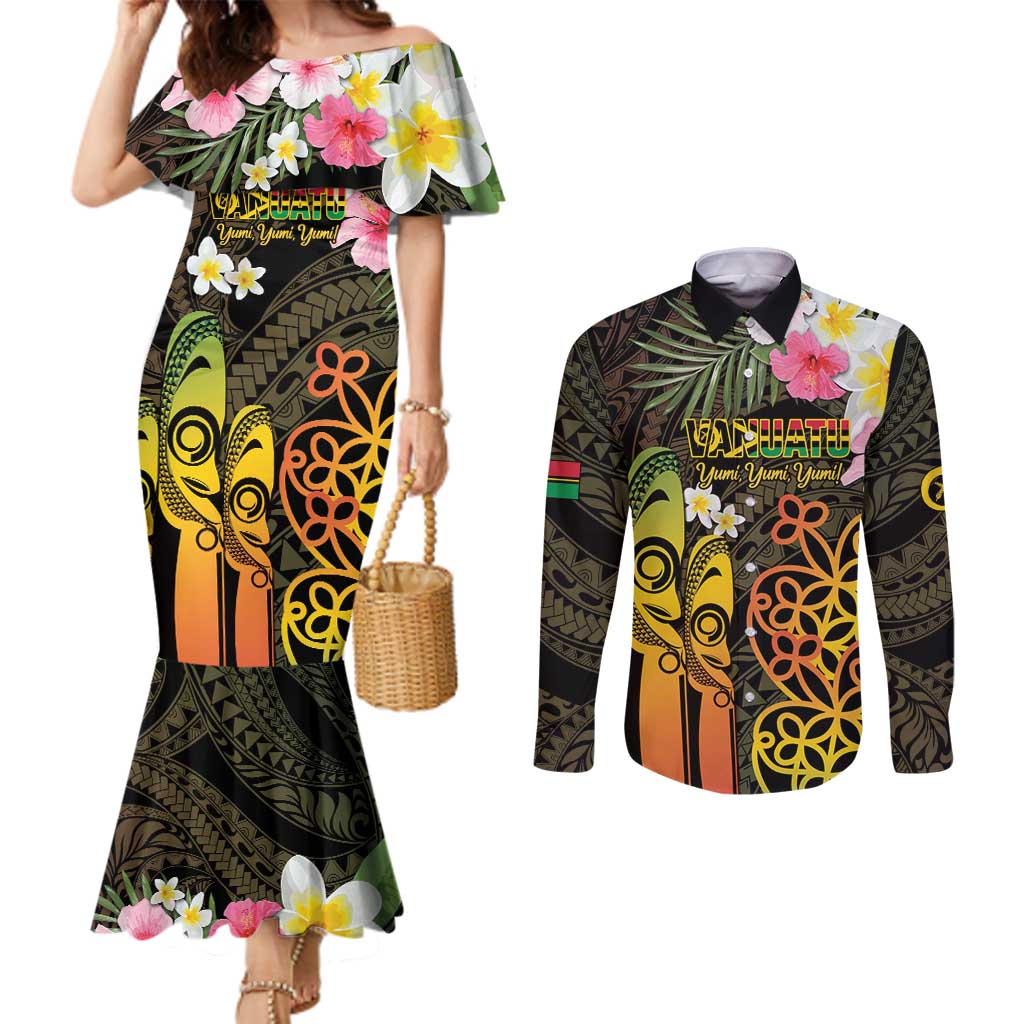 Personalised Vanuatu Independence Day Couples Matching Mermaid Dress and Long Sleeve Button Shirt Carving Drum Sand Drawing Turtle LT14 Black - Polynesian Pride