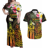 Personalised Vanuatu Independence Day Couples Matching Off Shoulder Maxi Dress and Hawaiian Shirt Carving Drum Sand Drawing Turtle LT14 Black - Polynesian Pride