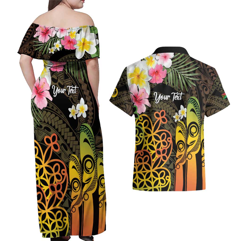 Personalised Vanuatu Independence Day Couples Matching Off Shoulder Maxi Dress and Hawaiian Shirt Carving Drum Sand Drawing Turtle LT14 - Polynesian Pride