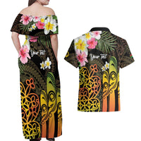 Personalised Vanuatu Independence Day Couples Matching Off Shoulder Maxi Dress and Hawaiian Shirt Carving Drum Sand Drawing Turtle LT14 - Polynesian Pride