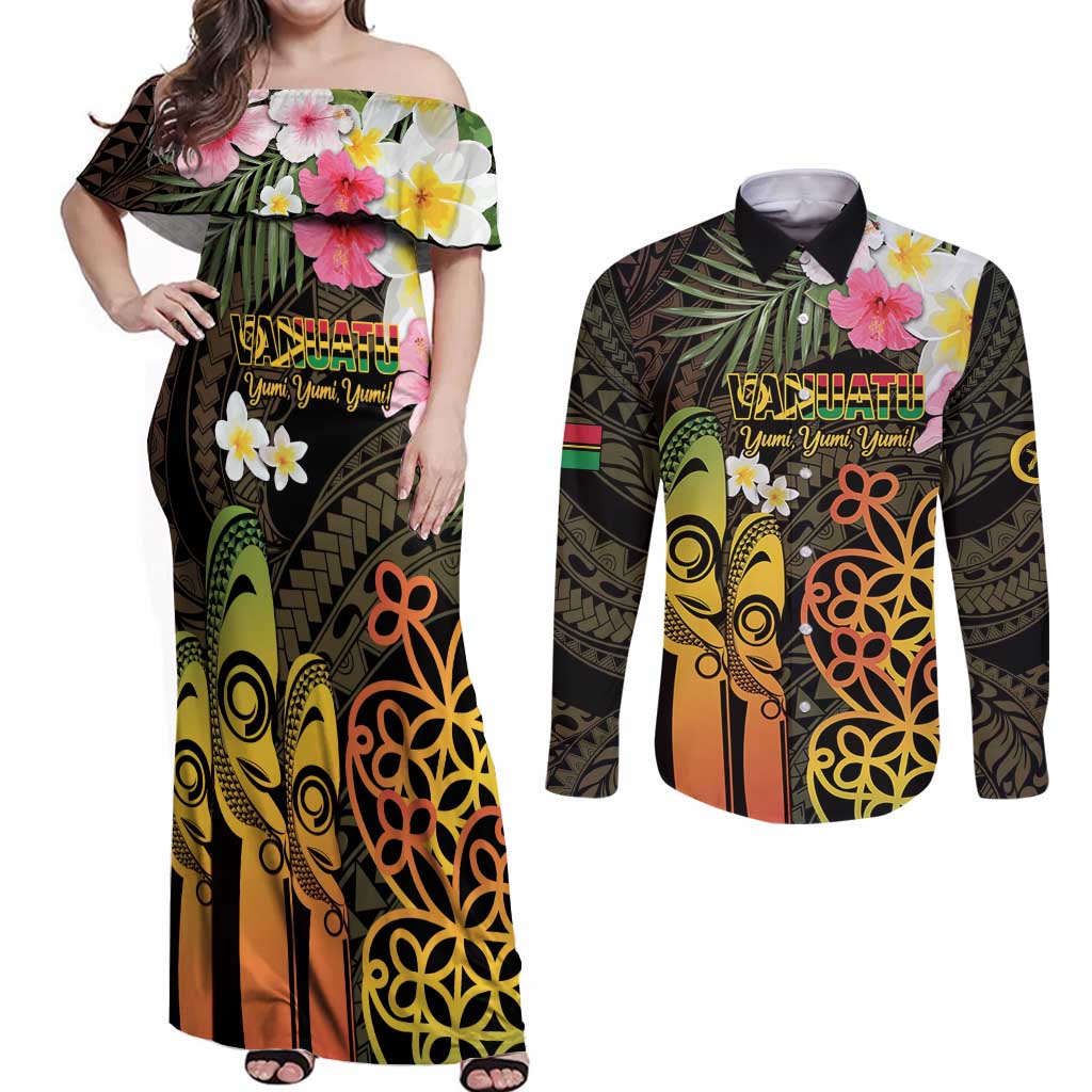 Personalised Vanuatu Independence Day Couples Matching Off Shoulder Maxi Dress and Long Sleeve Button Shirt Carving Drum Sand Drawing Turtle LT14 Black - Polynesian Pride