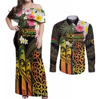 Personalised Vanuatu Independence Day Couples Matching Off Shoulder Maxi Dress and Long Sleeve Button Shirt Carving Drum Sand Drawing Turtle LT14 Black - Polynesian Pride