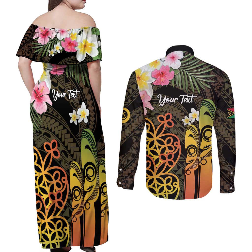 Personalised Vanuatu Independence Day Couples Matching Off Shoulder Maxi Dress and Long Sleeve Button Shirt Carving Drum Sand Drawing Turtle LT14 - Polynesian Pride