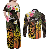 Personalised Vanuatu Independence Day Couples Matching Off Shoulder Maxi Dress and Long Sleeve Button Shirt Carving Drum Sand Drawing Turtle LT14 - Polynesian Pride