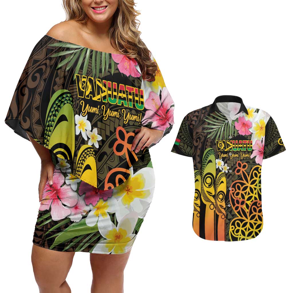 Personalised Vanuatu Independence Day Couples Matching Off Shoulder Short Dress and Hawaiian Shirt Carving Drum Sand Drawing Turtle LT14 Black - Polynesian Pride