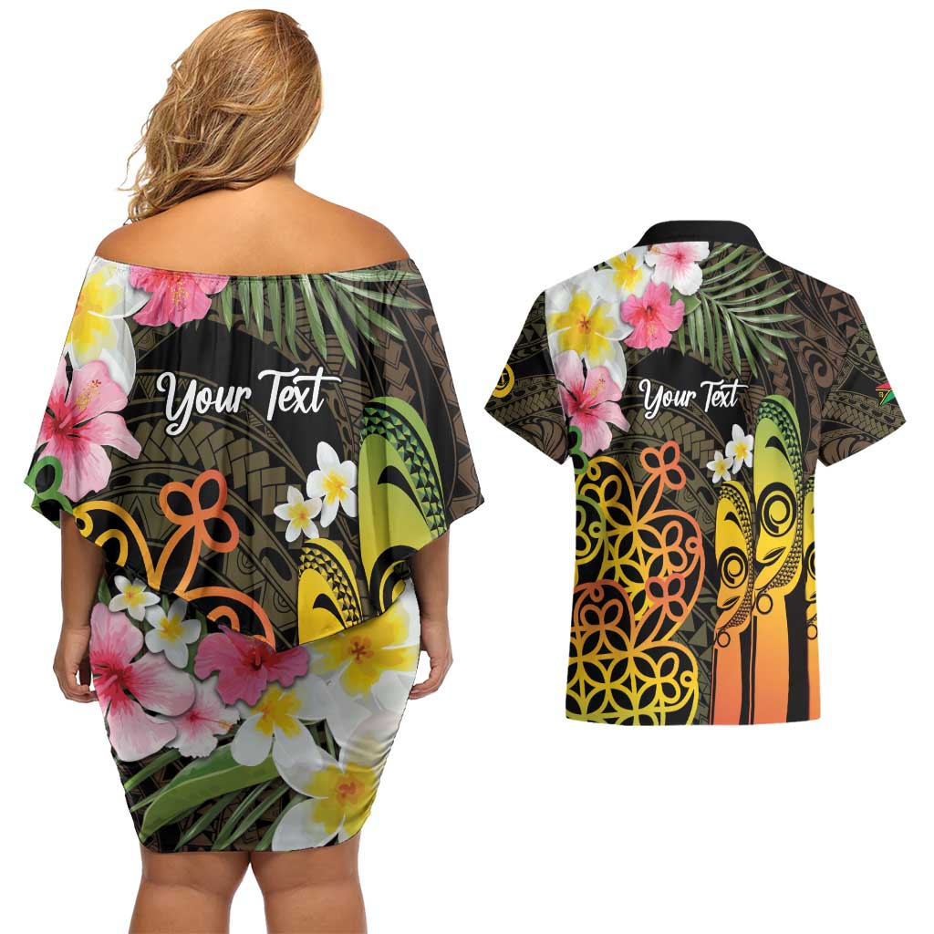 Personalised Vanuatu Independence Day Couples Matching Off Shoulder Short Dress and Hawaiian Shirt Carving Drum Sand Drawing Turtle LT14 - Polynesian Pride
