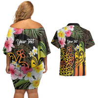 Personalised Vanuatu Independence Day Couples Matching Off Shoulder Short Dress and Hawaiian Shirt Carving Drum Sand Drawing Turtle LT14 - Polynesian Pride