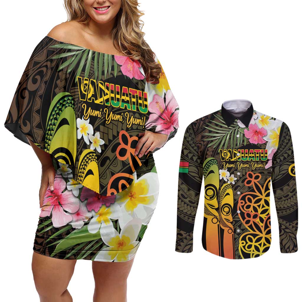 Personalised Vanuatu Independence Day Couples Matching Off Shoulder Short Dress and Long Sleeve Button Shirt Carving Drum Sand Drawing Turtle LT14 Black - Polynesian Pride
