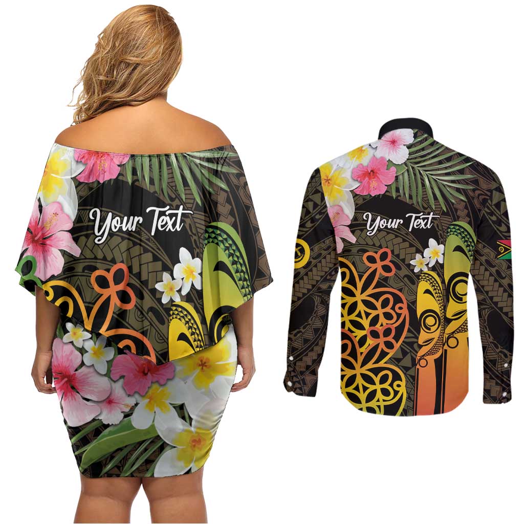 Personalised Vanuatu Independence Day Couples Matching Off Shoulder Short Dress and Long Sleeve Button Shirt Carving Drum Sand Drawing Turtle LT14 - Polynesian Pride