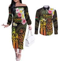 Personalised Vanuatu Independence Day Couples Matching Off The Shoulder Long Sleeve Dress and Long Sleeve Button Shirt Carving Drum Sand Drawing Turtle LT14 Black - Polynesian Pride