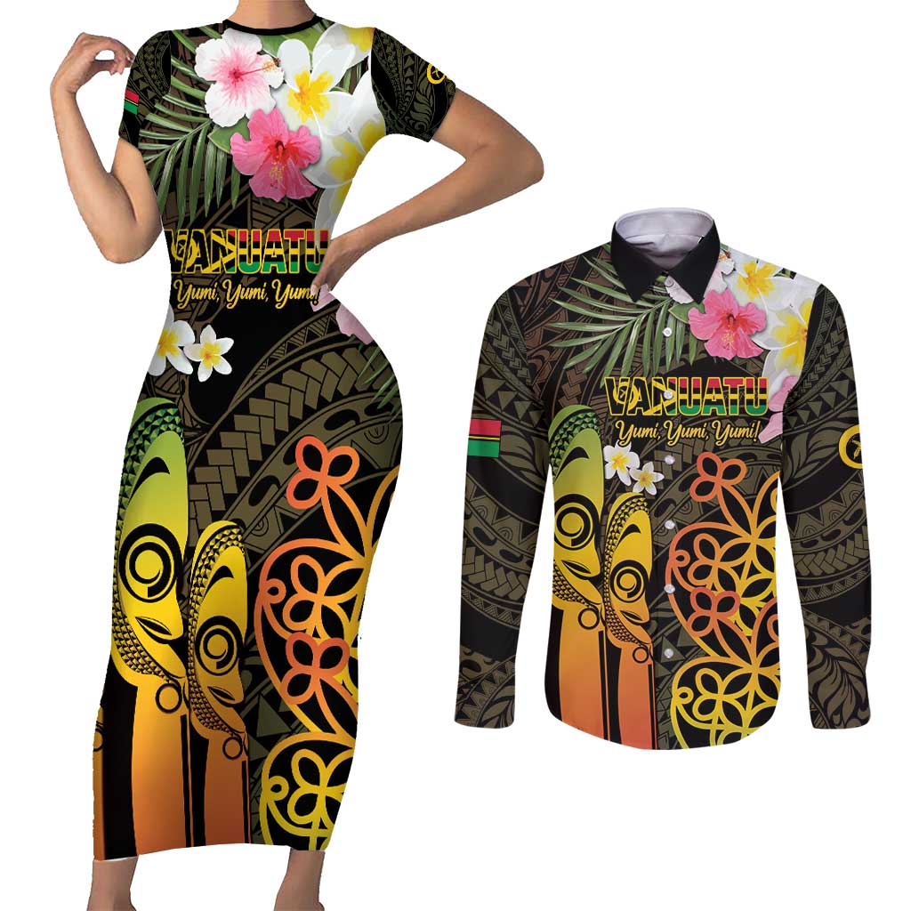 Personalised Vanuatu Independence Day Couples Matching Short Sleeve Bodycon Dress and Long Sleeve Button Shirt Carving Drum Sand Drawing Turtle LT14 Black - Polynesian Pride