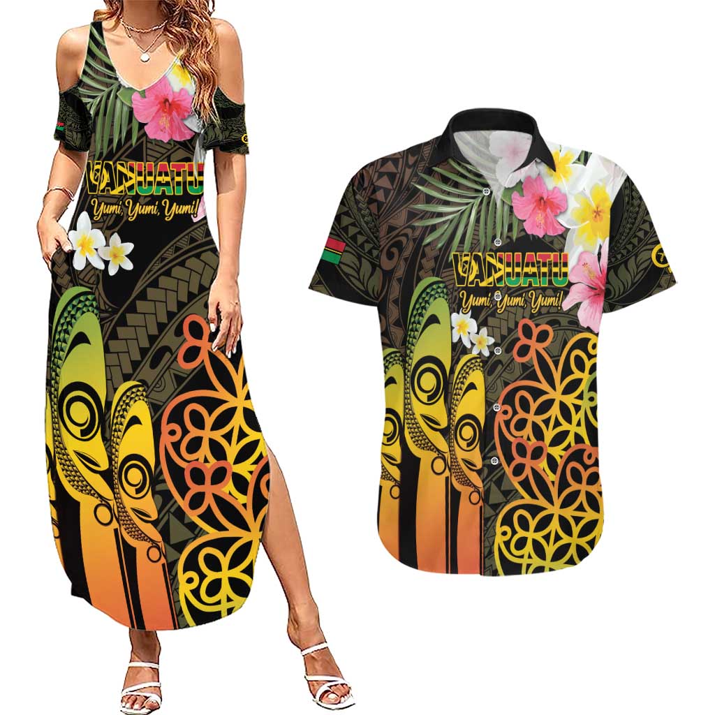 Personalised Vanuatu Independence Day Couples Matching Summer Maxi Dress and Hawaiian Shirt Carving Drum Sand Drawing Turtle LT14 Black - Polynesian Pride
