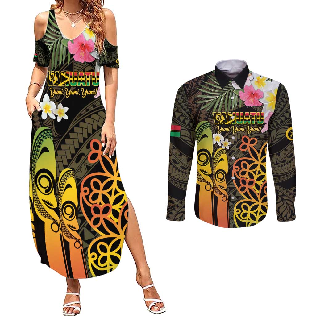 Personalised Vanuatu Independence Day Couples Matching Summer Maxi Dress and Long Sleeve Button Shirt Carving Drum Sand Drawing Turtle LT14 Black - Polynesian Pride