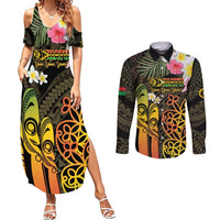 Personalised Vanuatu Independence Day Couples Matching Summer Maxi Dress and Long Sleeve Button Shirt Carving Drum Sand Drawing Turtle LT14 Black - Polynesian Pride