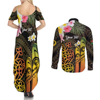Personalised Vanuatu Independence Day Couples Matching Summer Maxi Dress and Long Sleeve Button Shirt Carving Drum Sand Drawing Turtle LT14 - Polynesian Pride