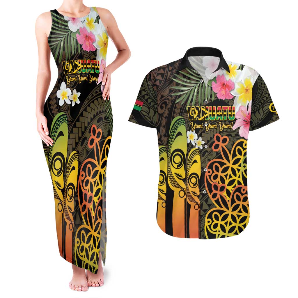 Personalised Vanuatu Independence Day Couples Matching Tank Maxi Dress and Hawaiian Shirt Carving Drum Sand Drawing Turtle LT14 Black - Polynesian Pride