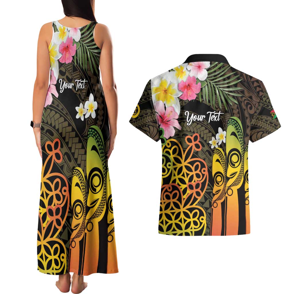 Personalised Vanuatu Independence Day Couples Matching Tank Maxi Dress and Hawaiian Shirt Carving Drum Sand Drawing Turtle LT14 - Polynesian Pride