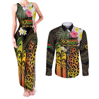 Personalised Vanuatu Independence Day Couples Matching Tank Maxi Dress and Long Sleeve Button Shirt Carving Drum Sand Drawing Turtle LT14 Black - Polynesian Pride