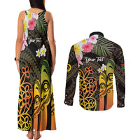 Personalised Vanuatu Independence Day Couples Matching Tank Maxi Dress and Long Sleeve Button Shirt Carving Drum Sand Drawing Turtle LT14 - Polynesian Pride