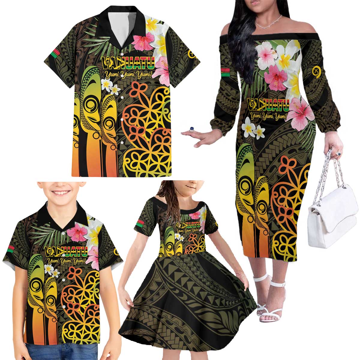 Personalised Vanuatu Independence Day Family Matching Off The Shoulder Long Sleeve Dress and Hawaiian Shirt Carving Drum Sand Drawing Turtle