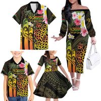 Personalised Vanuatu Independence Day Family Matching Off The Shoulder Long Sleeve Dress and Hawaiian Shirt Carving Drum Sand Drawing Turtle