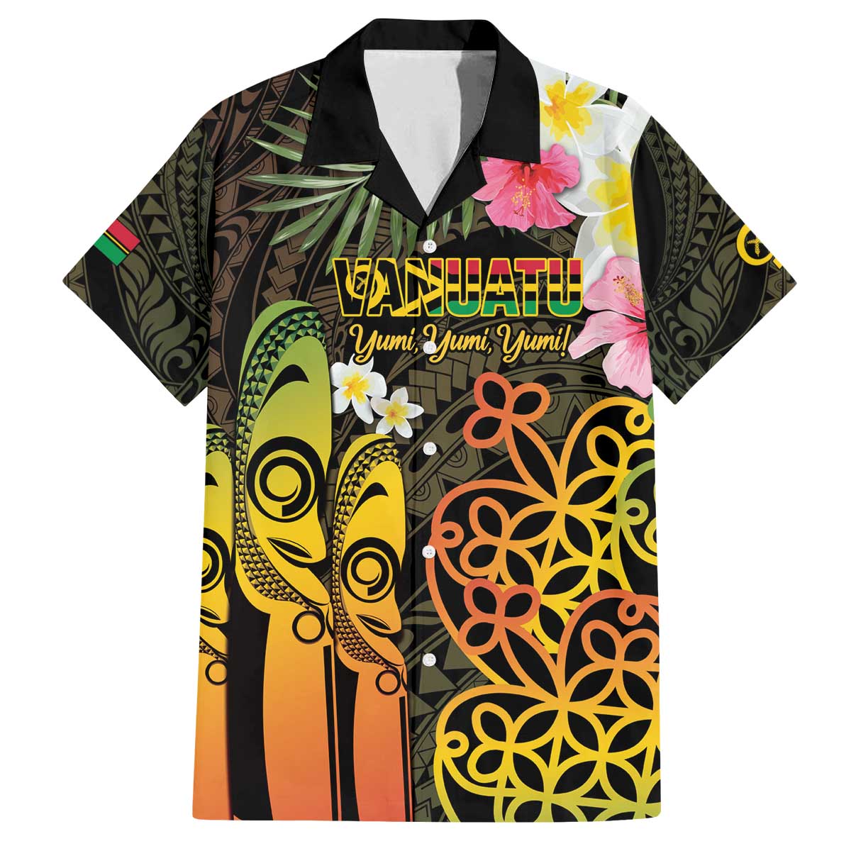 Personalised Vanuatu Independence Day Family Matching Off The Shoulder Long Sleeve Dress and Hawaiian Shirt Carving Drum Sand Drawing Turtle