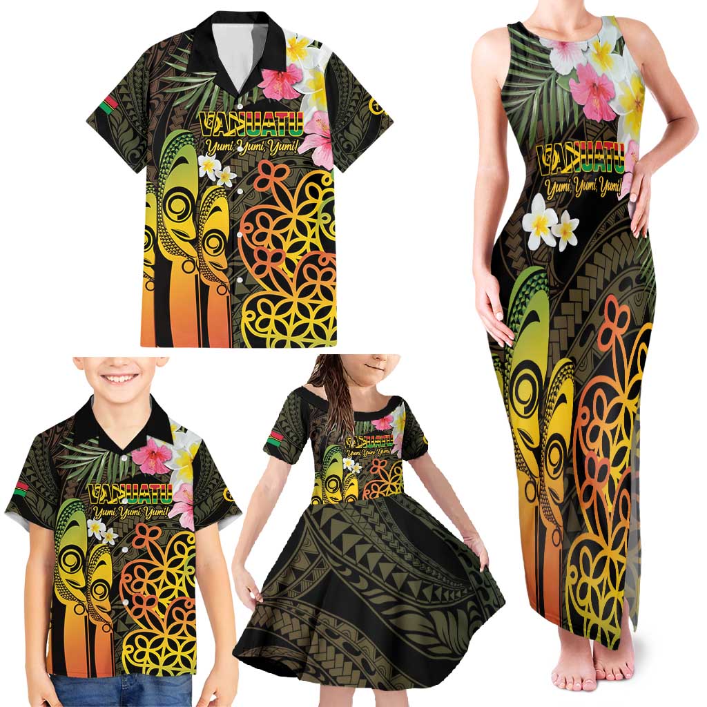 Personalised Vanuatu Independence Day Family Matching Tank Maxi Dress and Hawaiian Shirt Carving Drum Sand Drawing Turtle