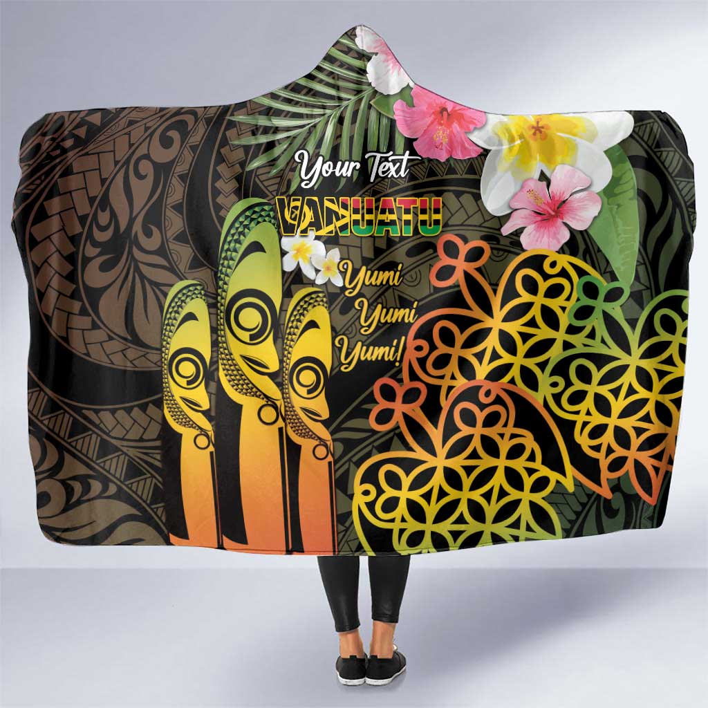 Personalised Vanuatu Independence Day Hooded Blanket Carving Drum Sand Drawing Turtle LT14 One Size Black - Polynesian Pride