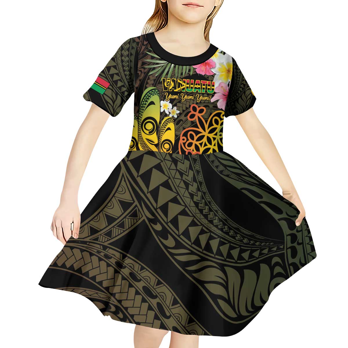 Personalised Vanuatu Independence Day Kid Short Sleeve Dress Carving Drum Sand Drawing Turtle